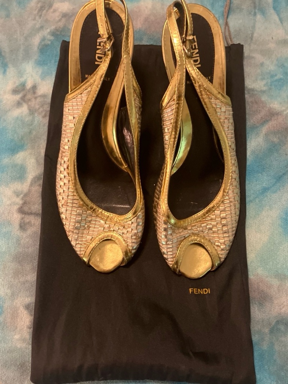Fendi Gold Woven Leather Peep-Toe Slingbacks